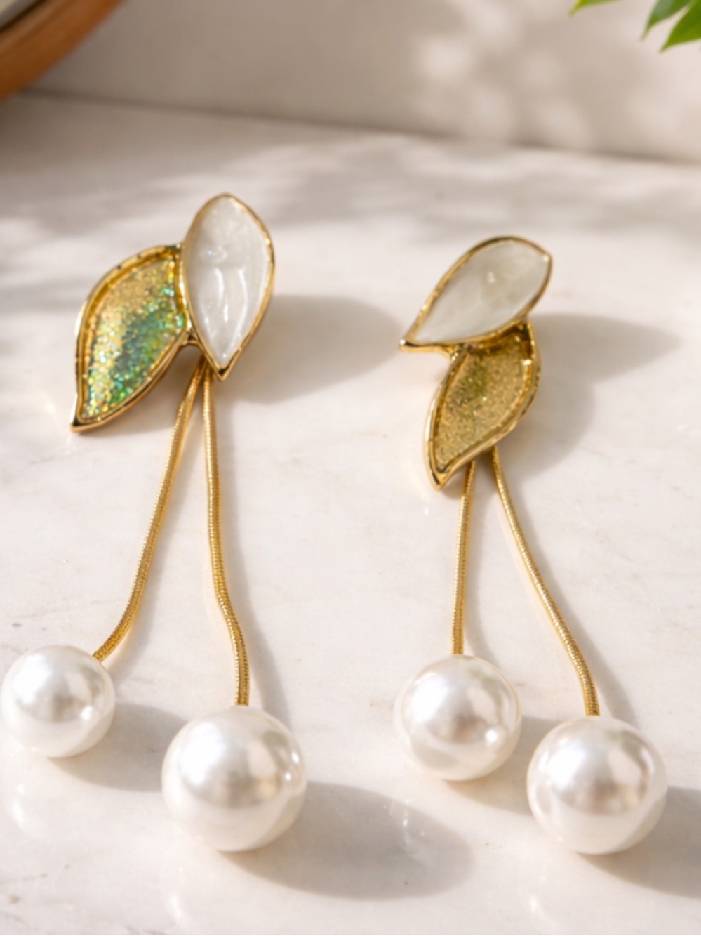 Fashion Jewelry Gold Leaf & Pearl Drop Earrings - Green, White, Gold